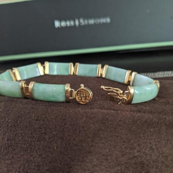 18K Gold Plated Yellow Gold Women Green Ross-Simons Jade Asian Bar Link Bracelet - Picture 1 of 2